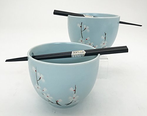 Japanese Dinnerware Ceramic Ramen Udon Noodle Bowl Set of 2 with Bamboo Chopsticks Gift Pack Good Quality (Blue Cherry Blossom) - Thumbnail 3