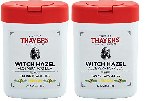 Thayers Natural Remedies Lemon Toning Witch Hazel Towelettes with Aloe, 30 Ct Each, White, 2 Count, (Pack of 2)
