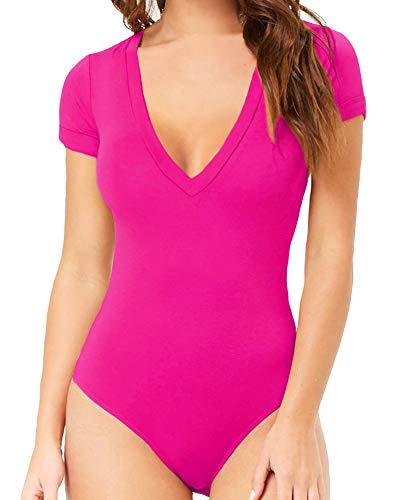 MANGOPOP Women Modal V Neck Folded Over Short Sleeve Bodysuit Jumpsuit (Rose Pink, Large)