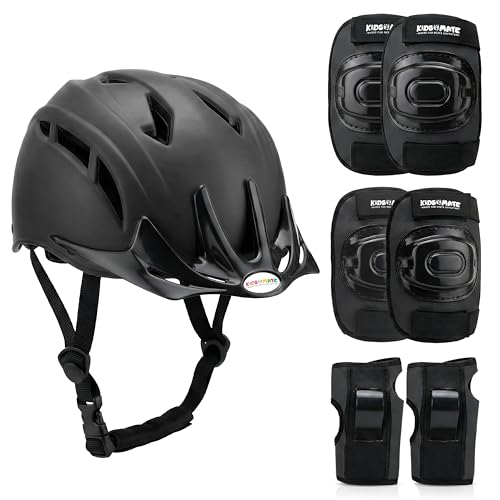 Image of Kidsmate Sports Protective Gear Set for Boys & Girls | Kids Safety Guard Contains Helmet, Knee Pads, Elbow Pads & Wrist Guards | Ages 3-14 Years, Ideal for Cycling, Skateboarding & Scooters (Black)