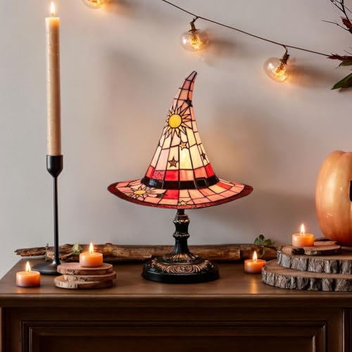 Image of Witch Hat Lamps, Handcrafted Stained Glass Resin Wizard Hat Light Gothic Table Lamp for Halloween Decor, Spooky Night Light for Bedroom and Indoor Parties, Unique Wiccan Gift