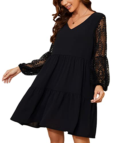 Damen Tunika Kleid mit Taschen Sommer V-Ausschnitt Locker Fließendes Swing...