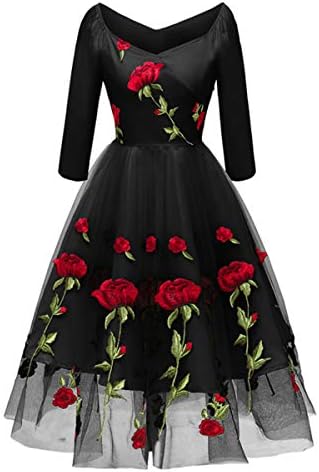 Women Vintage 1950s Embroidered Rose Cocktail Party Swing Dress Gatsby Princess Retro Valentine’s Day Evening Midi Skirt Gown Black - 3/4 Sleeves XXL