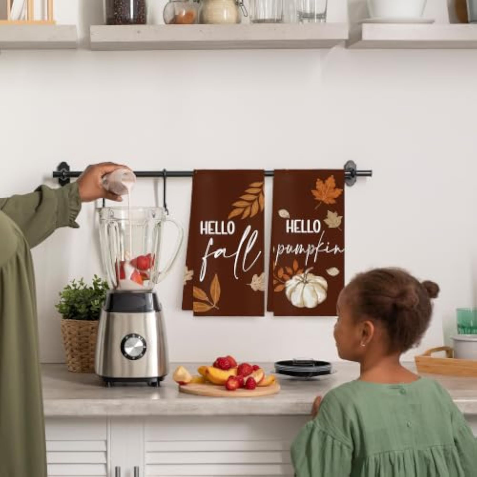 Hello Fall Rustic Leaf Pumpkin Kitchen Towels Set of 2