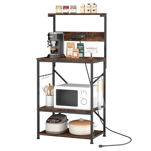 Image of JAMFLY Kitchen Bakers Rack with Power Outlet, Microwave Stand with 6 S-Shaped Hooks, 4-Tier Coffee Bar Microwave Rack (Rustic Brown)