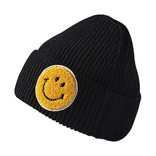 REENLOON Smiley Face Winter Beanie Hats for Men and Women Stretchy Warm Thick Soft Stocking Hats Slouchy Knit Skull Cap(Black)