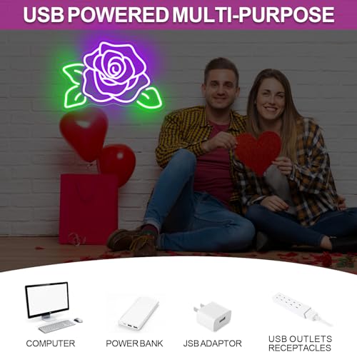 Image of Rose Flower Neon Light Signs for Wall Flower Shop Window, Room, Cafe Art Decorative Lady Gift Wedding Bachelorette Party Bridal Banquet Background Decor Sign, 15.7 inchx10.8 inch, Purple