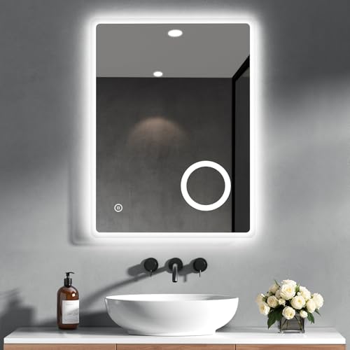 Image of Heilmetz 500 x 700mm Bathroom Mirror with LED Lights, Bathroom Wall Mirror with Demister, Illuminated LED Mirrors with Shaver Socket and 3x Magnification, 6500k Vertical