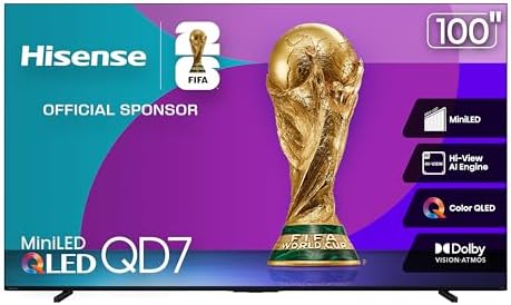 Hisense Television QD7QFM (Modelo 2025) Pantalla 100 Pulgadas,Mini-LED Smart Fire TV UHD 4K,Control Remoto por Voz con Alexa,Hi-View AI Engine,Modo de Juego Pro de 144 Hz,Dolby Vision·Atmos