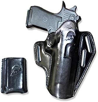Premium The Ultimate Leather Pancake OWB Belt Holster Open Top Including Single Magazine Pouch Fits, Desert Eagle, FITS All CALIBARS with 6''BBL, Right Hand Draw, Black Color #1089#