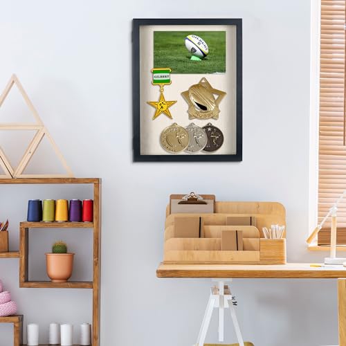13 x 16 Shadow Box Frame, Large Shadow Boxes Display Cases, Deep Shadow Box Picture Flower Frames, Black Memorial Shadow Box with Linen Back & Push Pins for Wall, Tabletop