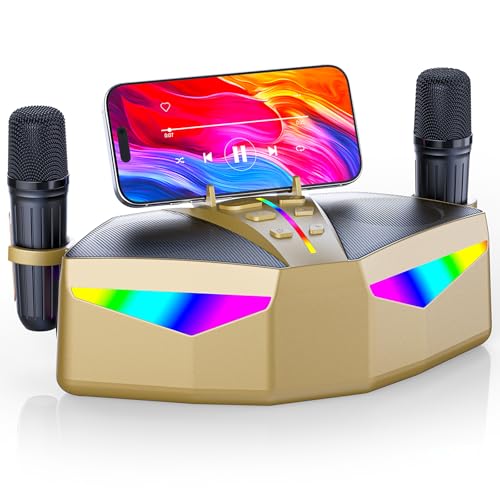 Máquina de Karaoke: Altavoz portátil Real de 35 W, autonomía de 8 Horas, 2 micrófonos inalámbricos Recargables, Luces LED, máquina de Karaoke para Adultos y niños (CHJ161-Dorado)