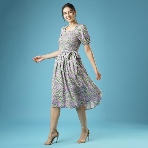 Image of Globus Women Teal Floral Print Smocked Square Neck Casual Fit and Flare Midi Belted Dress-3638174002