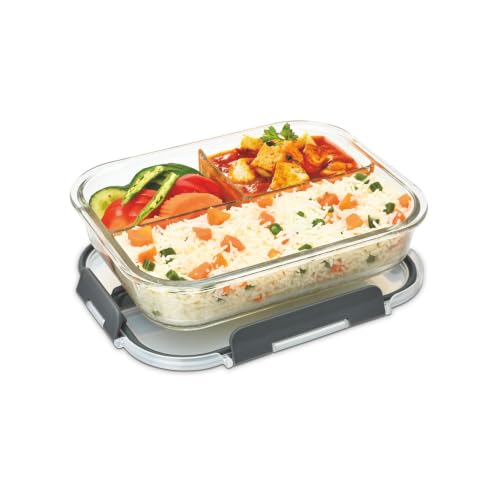 Image of SignoraWare Slim Borosilicate Glass Rectangular Three Compartment Lunch Box,(1.1 LTR, Clear), Leakproof Silicone Seal, Heat Resistant, Keeps Food Fresh, Great for Office & Outdoor Activities