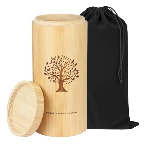 HOOMTREE Large Urns for Human Ashes with Screw On Lid Bamboo Cremation Urns for Ashes Adult Male Female Men Women Large Scattering Tubes with Tree of Life Pattern 5.1 * 11 Inches with Velvet Bag
