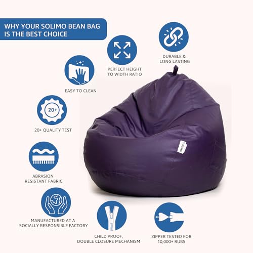 Image of Amazon Brand Solimo Premium Faux Leather Bean Bag Filled with Beans | Capacity: Upto 5.8 Ft Height, 85 Kg Weight | 2XL | Purple