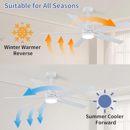 Image of LANMEL 52'' White Ceiling Fans with Lights and Remote, 6 Speed Low Profile Modern Ceiling Fan with Quiet DC Motor for Indoor Outdoor Bedroom Living Room
