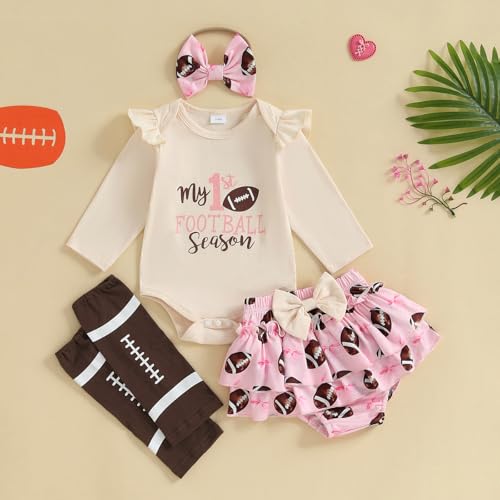 My 1st Football Season Baby Girl Outfit Ruffle Long Sleeve Romper Rugby Skirt Shorts Set Leg Warm Headband3