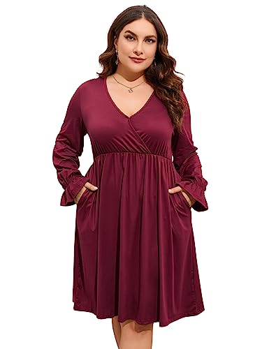 Image of ShopWonder Plus Size Dress Women's V Neck A-Line Knee Length Wrap Swing Dresses Plus Size A Line Party Mini Dress