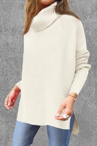 Image of Women's Turtleneck Oversized Sweaters Long Sleeve Split Hem Striped Knit Pullover Tops