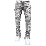 HDMGCR Men Stacked Jeans Skinny Grey Ripped Patchwork Denim Pants(Grey,S)