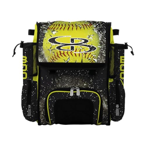 Boombah Mini Superpack Bat Bag Baseball Softball Backpack, Holds 2 Bats, Shoe Compartment, Water Bottle Holders - Softball Highlight Black/Optic Yellow/Red