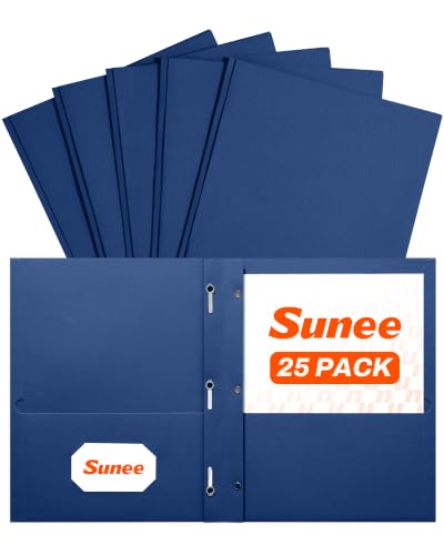 SUNEE Folders with Prongs, 25 Pack 3 Prong Folders with 3 Metal Prong Fastener Clips, 2 Pocket, Fit Letter Size Paper, Paper Folders for School Office Home Business, Navy Blue
