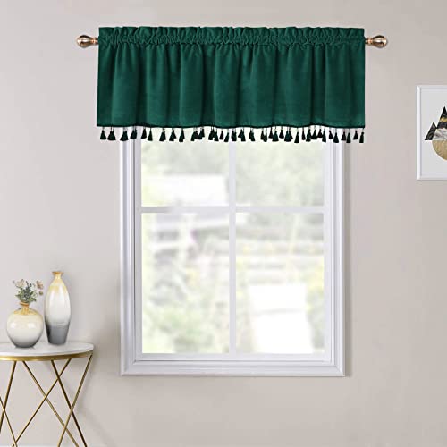 Caromio Boho Tassels Soft Luxury Room Darkening Velvet Window Valance Curtains For Bedroom Living Room, Green, 52 X 15 Inch #TOP6