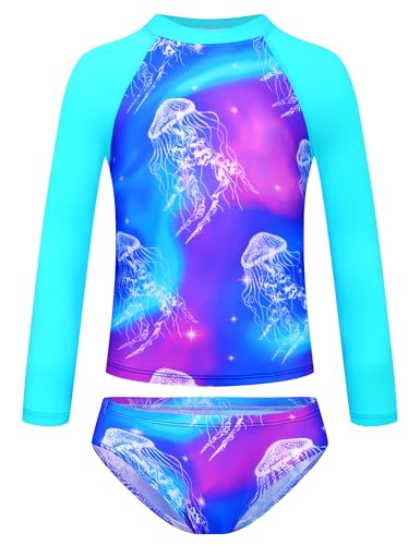Image of TENVDA Girls Swimsuit Long Sleeve Rash Guard Sets UPF 50+ Two Piece Bathing Suits Size 3-12 Years
