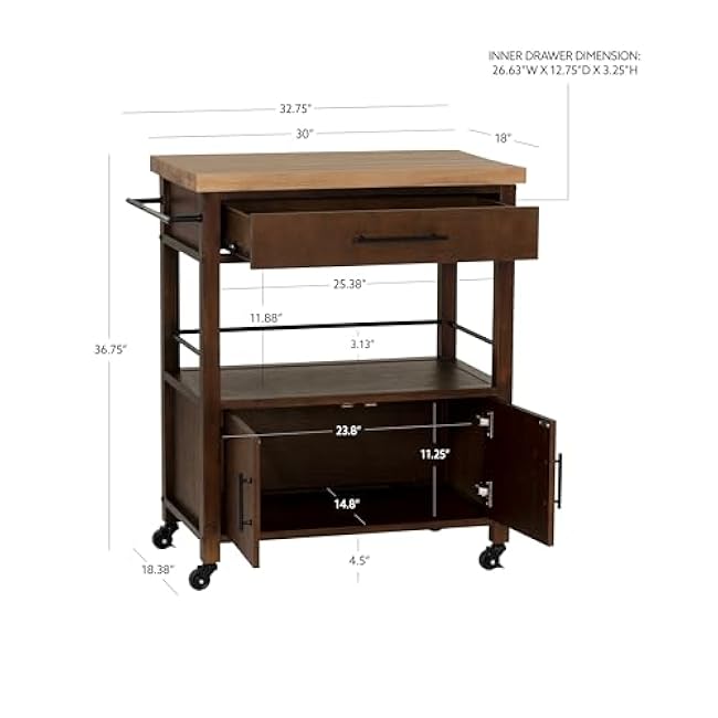 Linon Demaris Dark Walnut Wooden Mobile Kitchen Cart with Natural Butcher Block Top-5U87BkZS