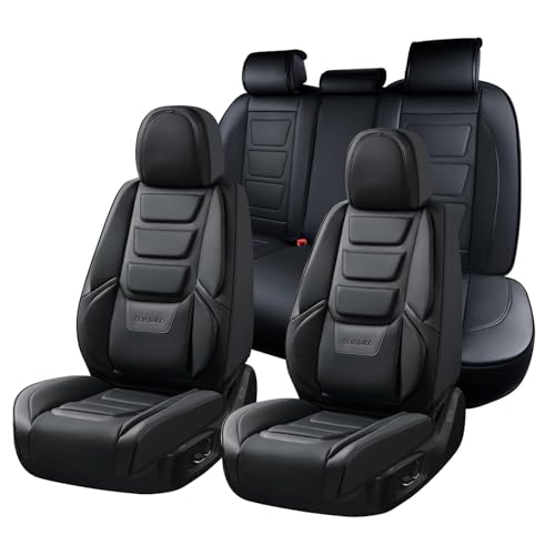 Image of Coverado Car Seat Covers Full Set, Seat Covers for Cars, Front Seat Covers and Back Seat Cover Waterproof Leather Automotive Seat Cover, Universal Car Interior Protectors Cushion for Most Cars Black