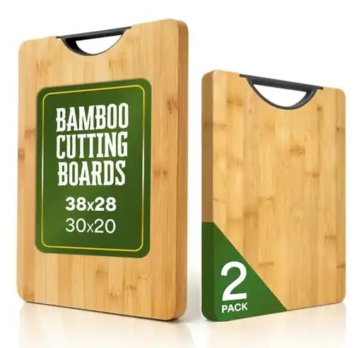 Tablas de Cortar de Bambú Set 2 Piezas.Tabla cocina madera. (38x28 + 30x20 cm) con Asa – Antibacterianas, Resistentes y Fáciles de Limpiar – Tabla Cocina Profesional