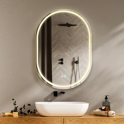 SenDeluz Oval Bathroom Mirrors with LED Light, 50 * 70CM Illuminated Vanity Mirror Energy-Saving Smart Sensor Touch Control Demister Mirror 3 Colors Dimmable Light Backlit Makeup Mirror, IP44
