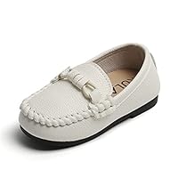 Uineky Toddler Boys Girls Leather Loafers Dress Shoes Little Kid Oxford Flats Casual Moccasins Slip-On School Uniform Walking Boat Shoes,8.5 Toddler,A1 White