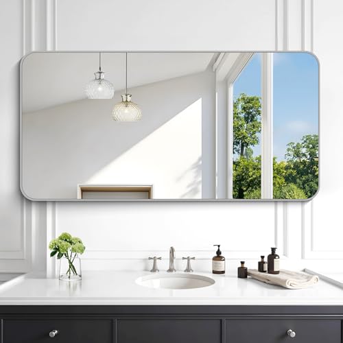 Image of KOCUUY Silver Bathroom Mirror, 24x48 Inch Bathroom Mirror for Over Sink, HD Tempered Glass, Anti-Rust Brushed Silver Frame, Rounded Corner Modern Design for Bathroom, Hang Horizontal /Vertical