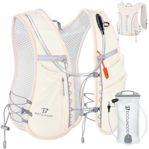 BECOJADDE 5L Running Vest with One 1.5L Water Bag for Women, Hydration Backpack Lightweight & Breathable for Trail Running, Marathon, Hiking, Cycling, Beige