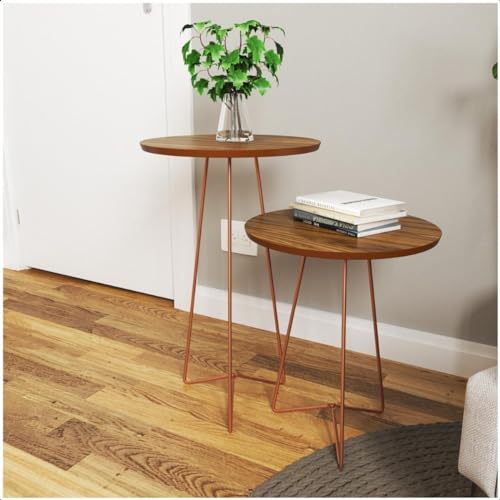 Conjunto Mesas De Canto Apoio E Lateral Pés Rosé Gold Em Metal Tripé Tampo Freijó