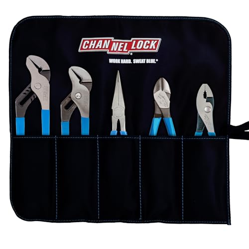 Image of CHANNELLOCK TOOL ROLL-3 5pc Professional Pliers Set with Tool Roll, Made in USA, Includes Straight Jaw Tongue & Groove, Cutting, Long Nose, and Slip Joint Pliers, Forged High Carbon Steel