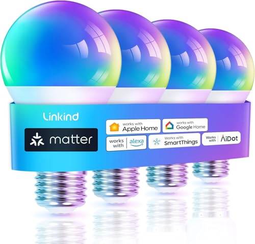 Linkind Ampoule Connectée WiFi, Ampoule LED E27 Multicolore RGB 1800K-6500K, Dimmable 9W 800LM, Compatible avec Alexa/Google Home/SmartThings, Synchronisation Musicale, pour Halloween, Fête, 4 PCS