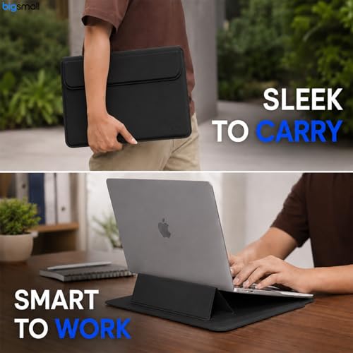 Image of Bigsmall Elevate Pro 14 Inch PU Leather Laptop Sleeve with Adjustable Stand, Compatible with MacBook Air /Pro 14 inch, iPad Pro 13 inch, Dell, HP, Lenovo, ASUS & Other 14-Inch Laptops, Magnetic Closure - Black