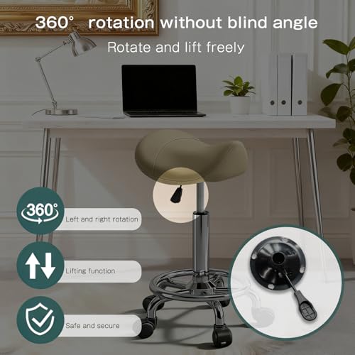 Image of Saddle Stool with Wheels, Adjustable Rolling Stool Chair with Back Support, Ergonomic PU Leather Saddle Chair for Salon, Massage, Tattoo, Medical, Spa, Office (Khaki, 1PCS)