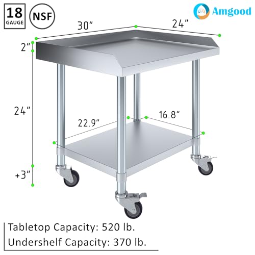 Image of AmGood Stainless Steel Equipment Stand with Undershelf + Casters, Heavy Duty, Commercial Grade, NSF Certified (24 inch Width x 30 inch Length + Casters)