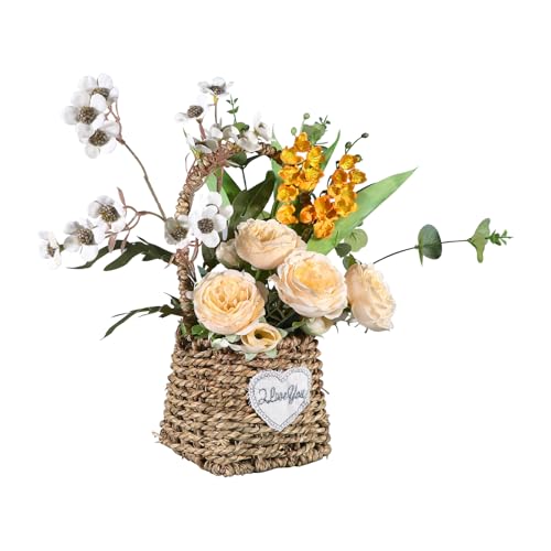 KOLYMAX Artificial Flower Arrangement in Woven Basket with Heart Design,