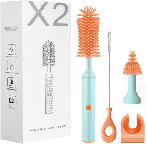 Electric Baby Bottle Cleaning Brush Set - Rechargeable Automatic Cleaner for Baby Bottles, Teats, and Straws with Disinfectable Soft Silicone - Efficient and Time-Saving Cleanup Solution