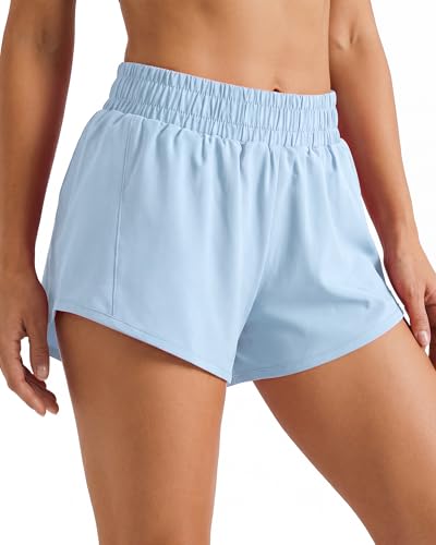 TIMEPAY Womens Running Shorts High Waist Quick Dry Athletic Shorts with Liner Workout Gym Yoga Shorts Light Blue
