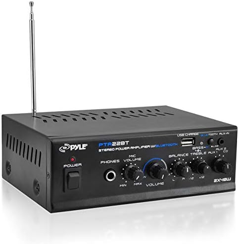 Pyle Bluetooth Mini Blue Series Home Audio Amplifier - Compact Desktop Home Theater-Stereo Amplifier Receiver with USB Charge Port - Pager & Mixer Karaoke Modes - Mic Input (40 Watt x 2) - PTA22BT