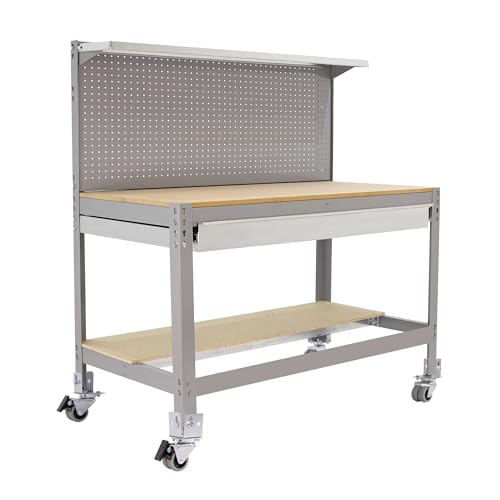 Simon Rack Banco de Trabajo Taller, Capacidad Carga 120 kg, 1520x910x610 mm, Mesa de Trabajo, Incluye Ruedas, 1 Cajón, Gris/Madera - BT3