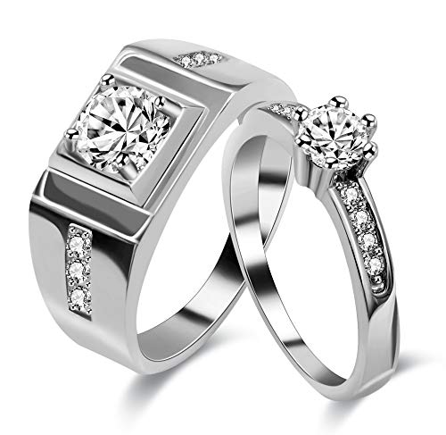 Uloveido 2 Pieces Wedding Engagement Couple Ring Set for Women and Men Valentine's Day Gift - Anniversary Promise Ring Set in Silver Color for Boyfriend and Friend J473