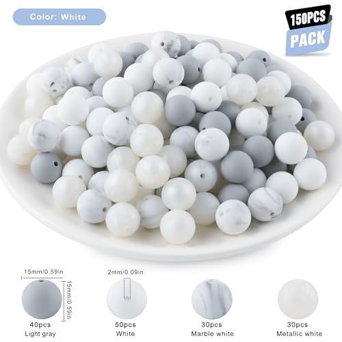 Kovict 150Pcs Silicone Beads 15mm Mix Color, Bulk Silicone Beads 15mm for Keychain Pens and Bracelet Making(White) by Kovict - Used condition - Image 2