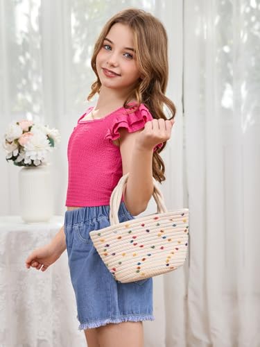 Image of OYOANGLE Girl's Casual Solid Ruffle Trim Cap Sleeve Square Neck Cute Crop Tank Tops T-Shirts